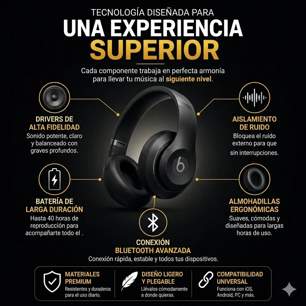 AUDÍFONOS TIPO BEATS STUDIO PRO - CON CANCELACIÓN DE RUIDO Y MICRÓFONO HD