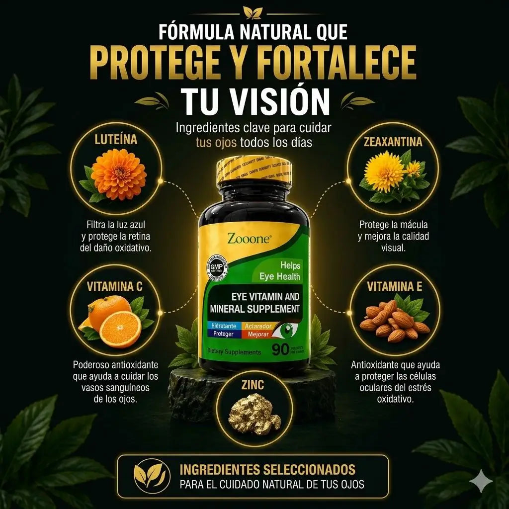 Zooone® Vitaminas para Ojos | Mejora tu Visión, Hidrata y Protege — 90 Cápsulas.
